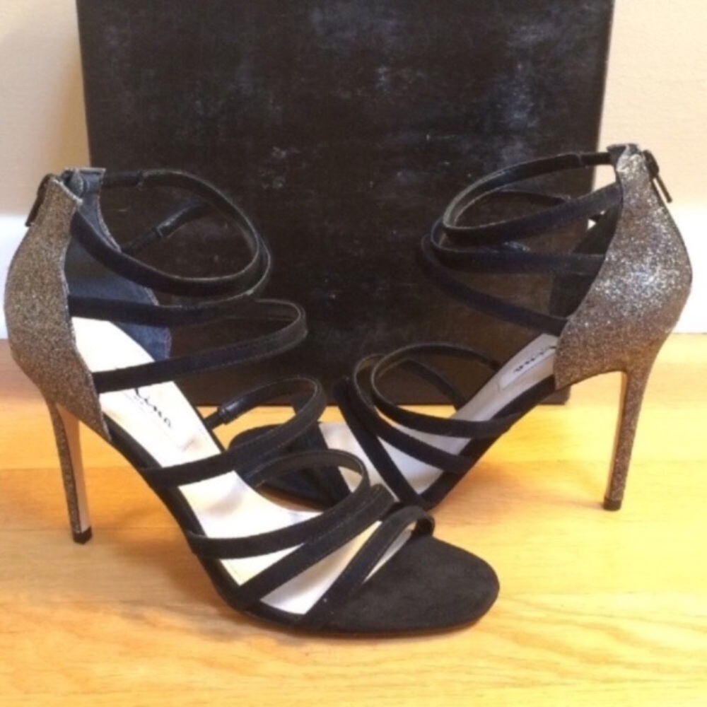 NINA Chelise Glam Black & Gold Caged Strappy Sparkly Glittering Stiletto Sandals